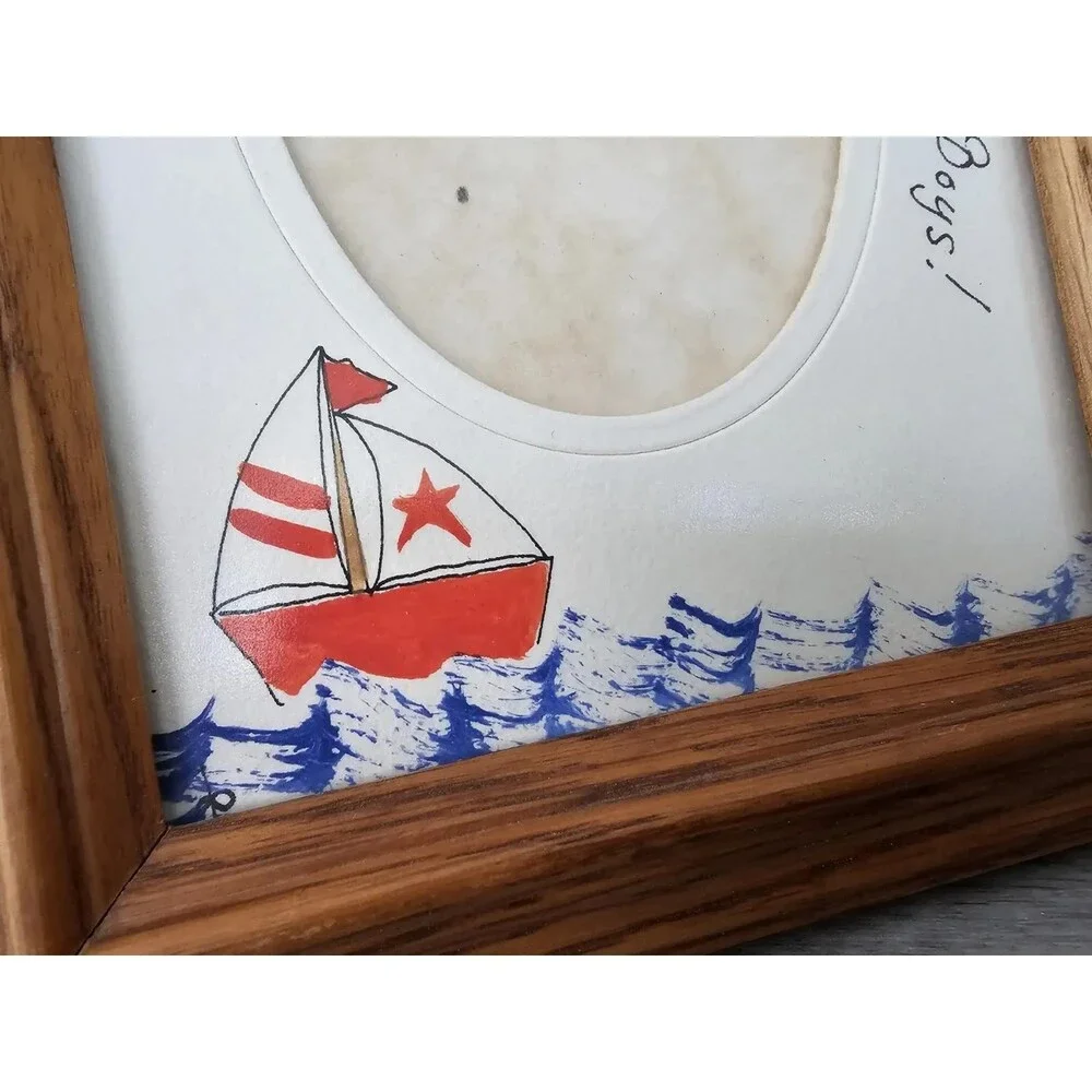 Nautical Theme Photo Frame Lake Beach Cottage Rustic Sailboat Ocean Handpainted